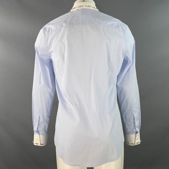 S Blue White Stripe Cotton Crystal Embellishment One Pocket Long Sleeve Shirt - Picture 5 of 10